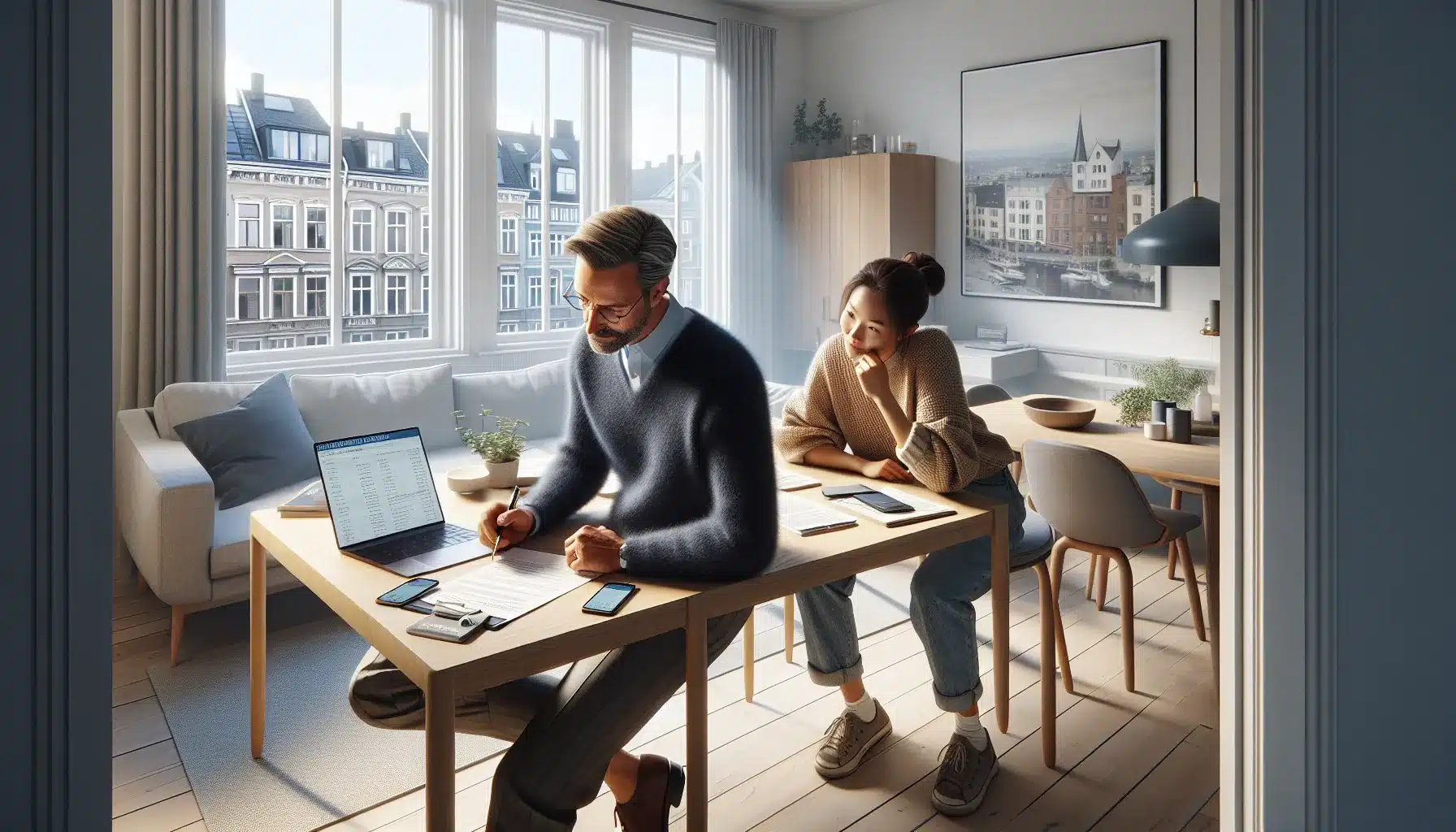 Landlord and tenant calmly reviewing rental documents at a table in a norwegian apartment