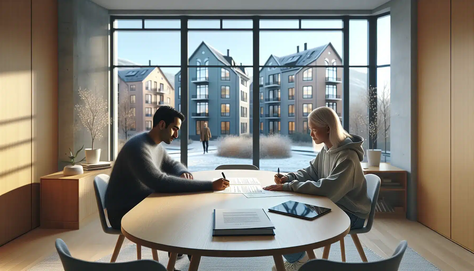 Landlord and tenant in norwegian apartment reviewing and signing balanced rental contract