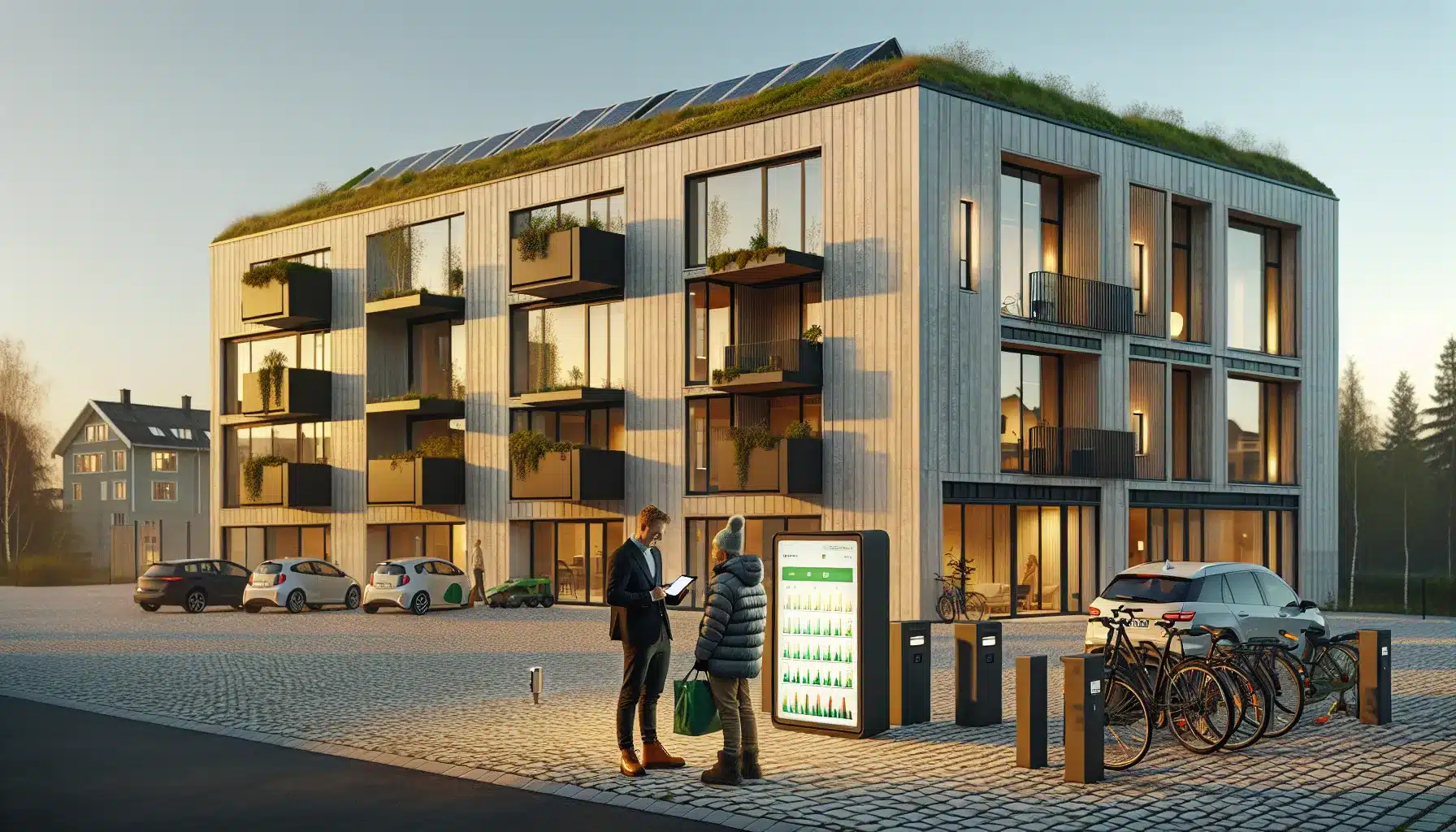 Norwegian landlord and tenants discuss sustainable rental practices outside a green apartment buildi