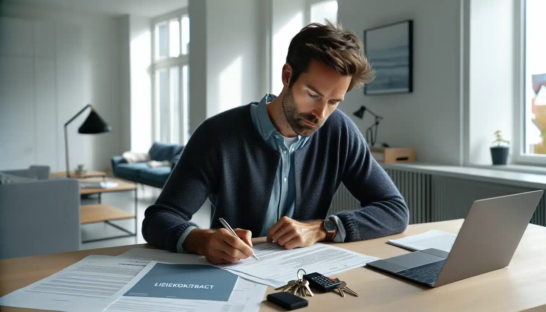 Norwegian landlord reviews rental contract and checklist in a bright modern apartment