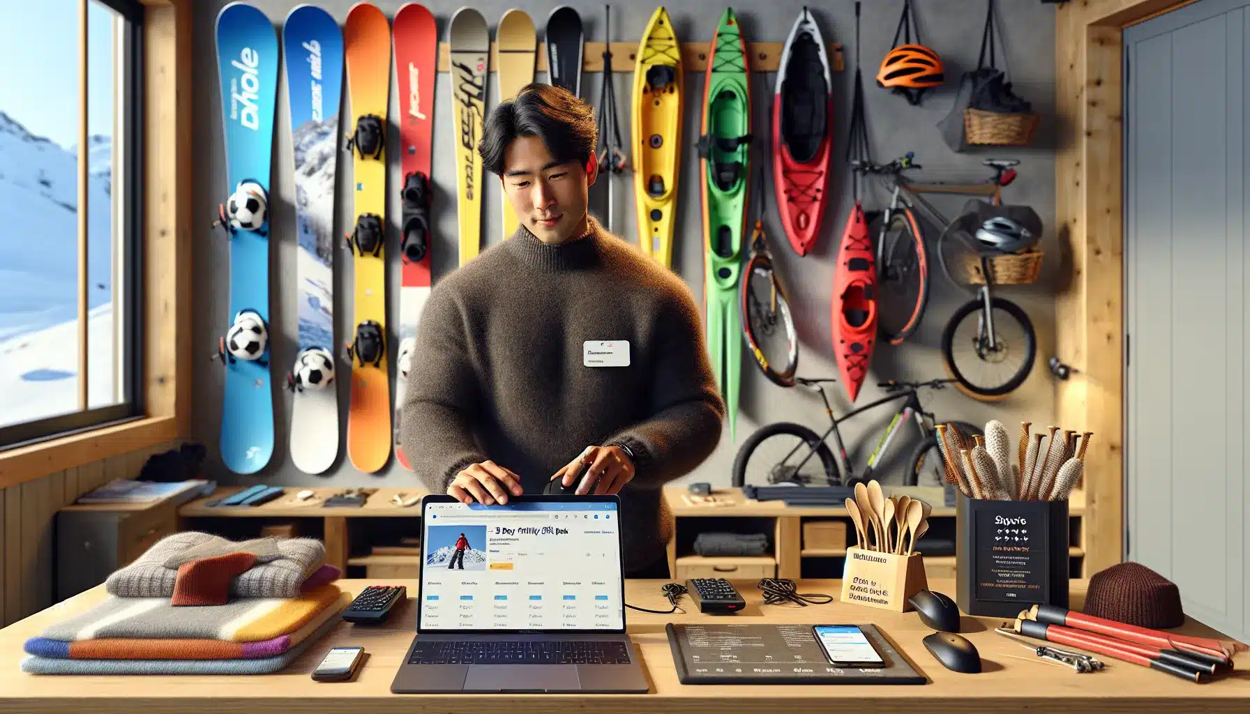 Norwegian sports rental owner managing online bookings in a bright winter shop