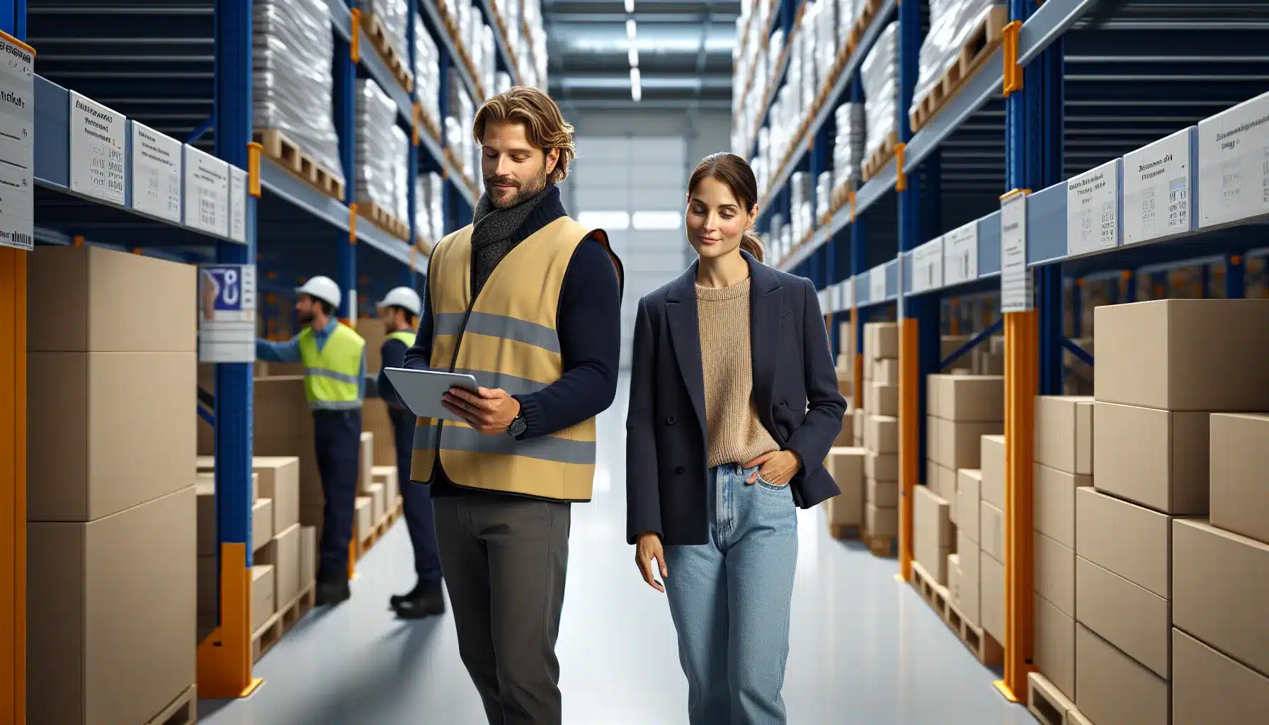 Small norwegian business owner reviewing shared warehouse logistics with manager in modern facility